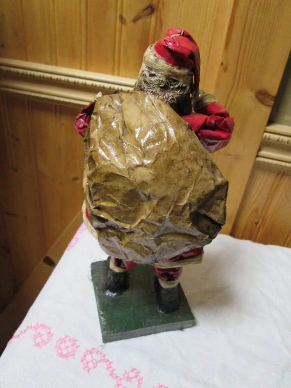 antique MCM folk lore Hand Painted Paper mache santa sack and bell on wood base